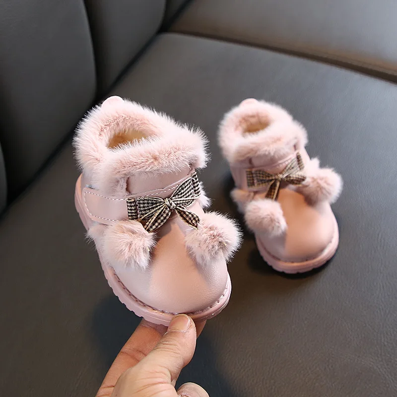 Г. Зимняя новая модная плюшевая обувь с милым бантом детская теплая обувь из бархата для малышей Детские ботиночки на резиновой подошве с цветочным принтом, Размер 15-19
