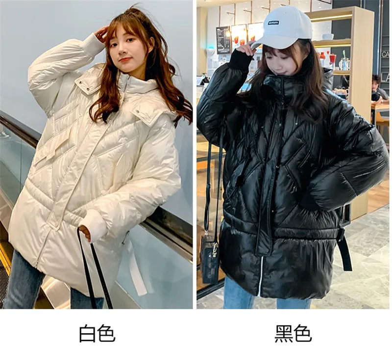 Женские зимние куртки короткое теплое пальто Harajuku хлебный Стиль Женская парка Толстая с капюшоном Глянцевая хлопковая стеганая куртка Верхняя одежда синий W1391