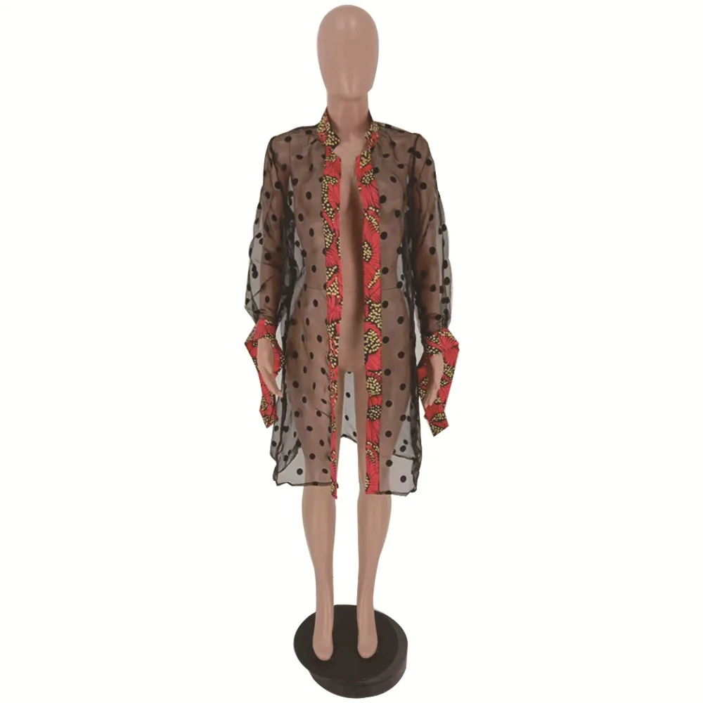 Yooneedi Summer Design Office Lady Women Outwear Color Dot Open Stitch Full Sleeve Long Outwear FST-7042