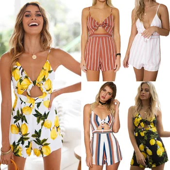 

Sexy V Neck Stripe Floral Print Spaghetti Strap Jumpsuits Summer Backlesss Sleeveless Hollowed Bow Sexy Elegant Beach Body Women