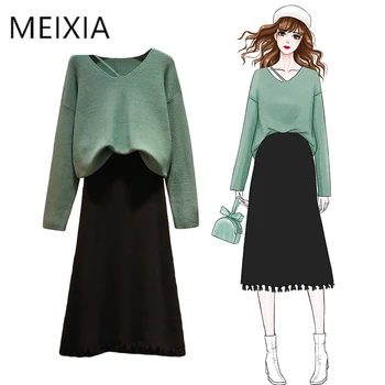 

MEIXIA 2020 Autumn Winter Women Two Piece Set Casual V-neck Solid Loose Tops + Skirt Tassel Office Lady Mid-Calf 2 Piece Set