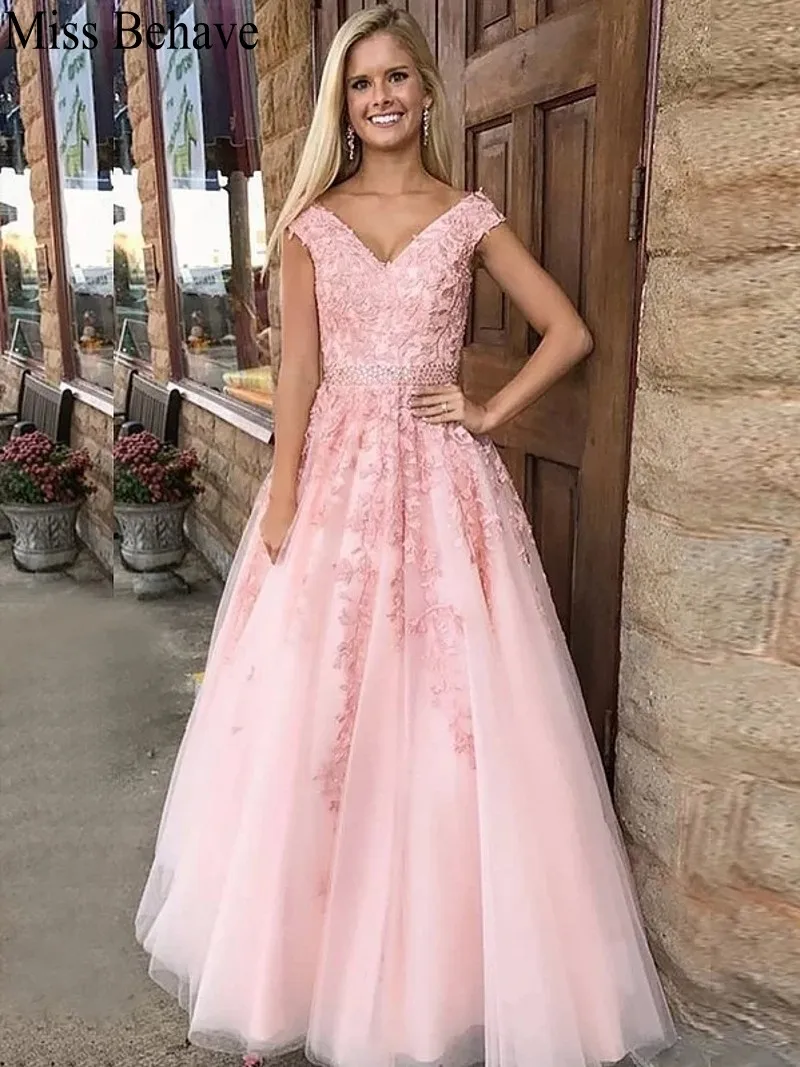 

DD JYOY Pink Evening Dress for Women V Neck Lace Evening Gown Party Zipper Back Beaded Sequined Formal Dress Elegant Gown