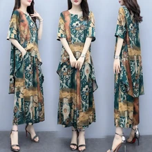 Imitação de seda gelo impressão conjunto feminino plus size 5xl culottes primavera verão 2021 solto manga curta mãe terno de duas peças l297