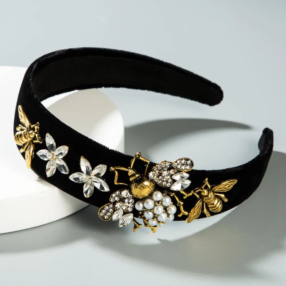 

Fashion Luxury Bling Rhinestone Headband Crystal Flower Bee Handmade Velvet Hair Band Headwear Women Party Hair Accessories