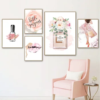 

Hello Gorgeous Rose Flower Posters Perfume Makeup Wall Art Print Painting Pink Lips Poster Fashion Female Picture Bedroom Decor