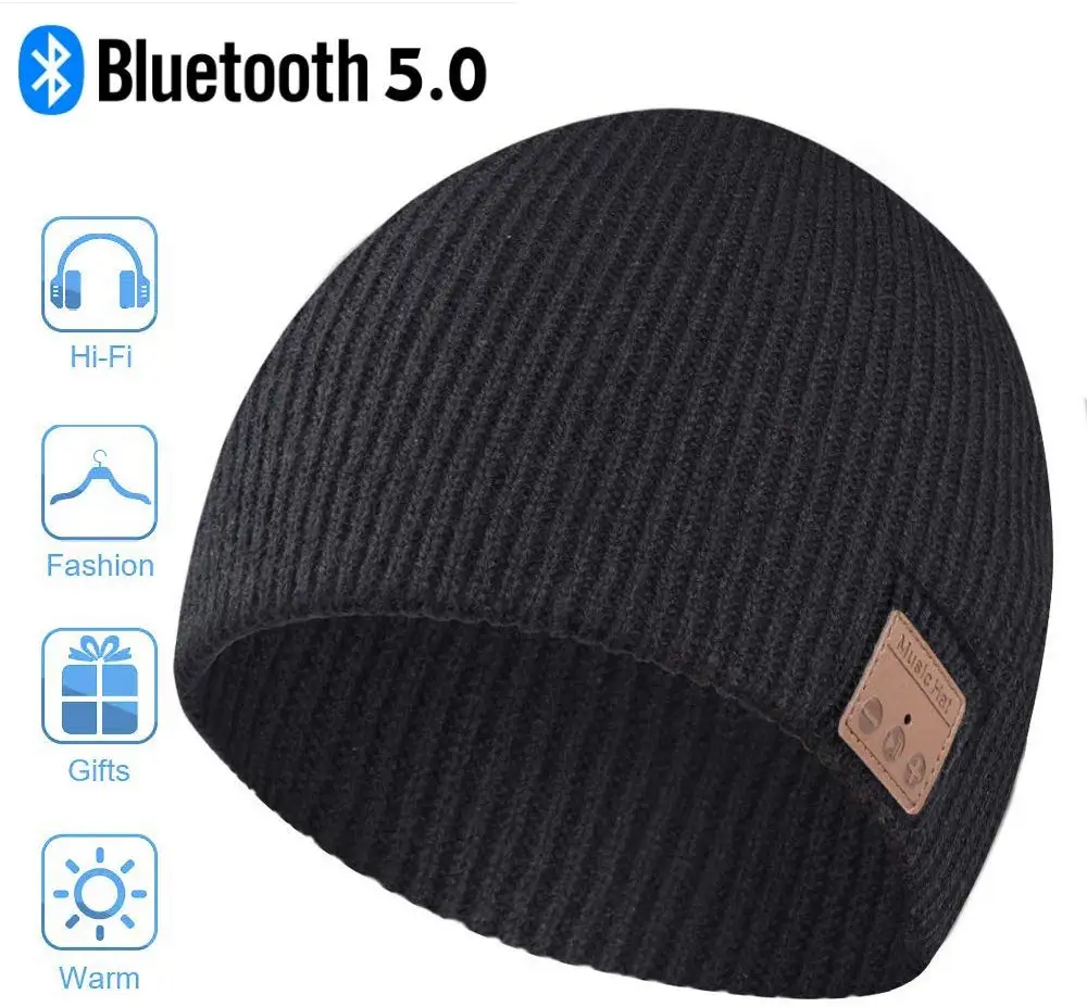 Bluetooth шапка, Bluetooth шапочка, зимняя вязаная шапочка с беспроводной 5,0 стерео наушники для бега верховой езды - Цвет: Черный