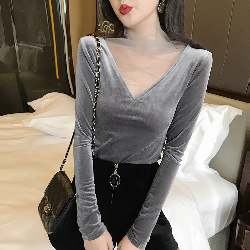 

Autumn t-shirt fashion V long-sleeved shirt solid color sexy women's T-shirt 2019 new