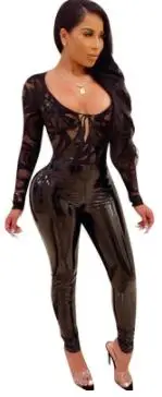 Black Lace Patchwork Leather Jumpsuit Women Sexy Sheer Tight Bandage Bodycon Long Jumpsuit Party Night Club Jumpsuit AE241