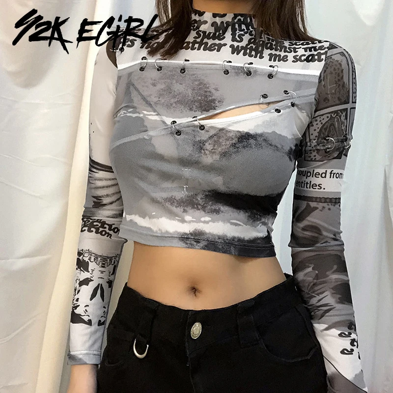 

Y2K EGIRL Transparent Letter Printing Cut Out Tops with Rings Punk Style Stand Ciollar Long Sleeve Cropped Mesh T-shirts Autumn