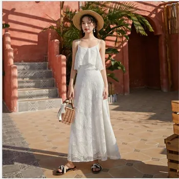 

Sexy Summer Women Lace Dress Bohemian Style Spaghetti Strap Beach Dress Women Big Maxi Ankle-Length 2020 New Lace Vestido H416