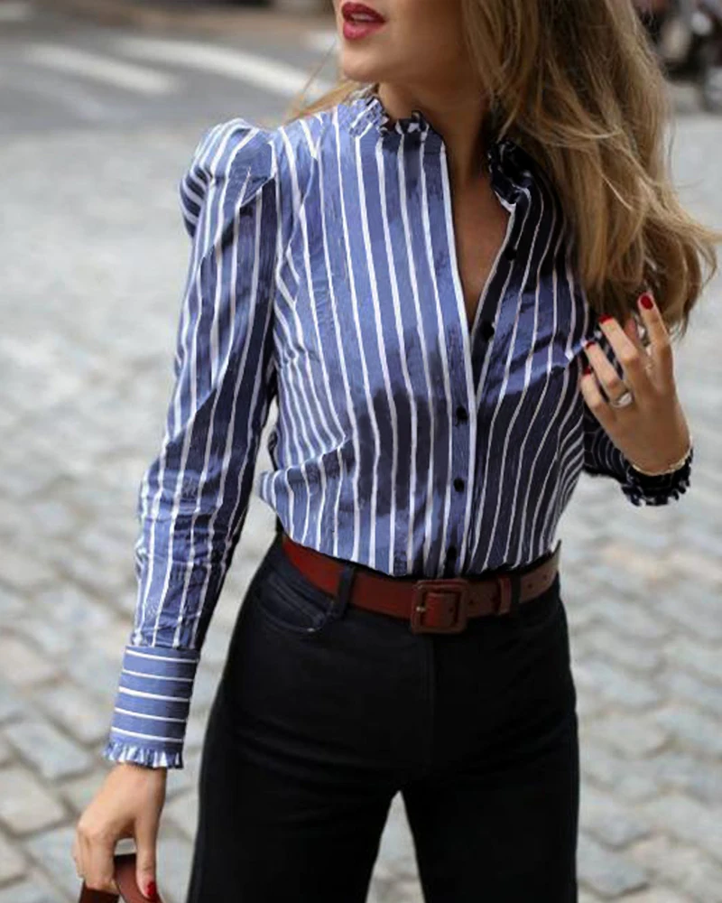 Модная элегантная женская короткая рубашка с длинным рукавом, рабочая одежда, топ в полоску с пышными рукавами, Повседневная Блузка с оборкой