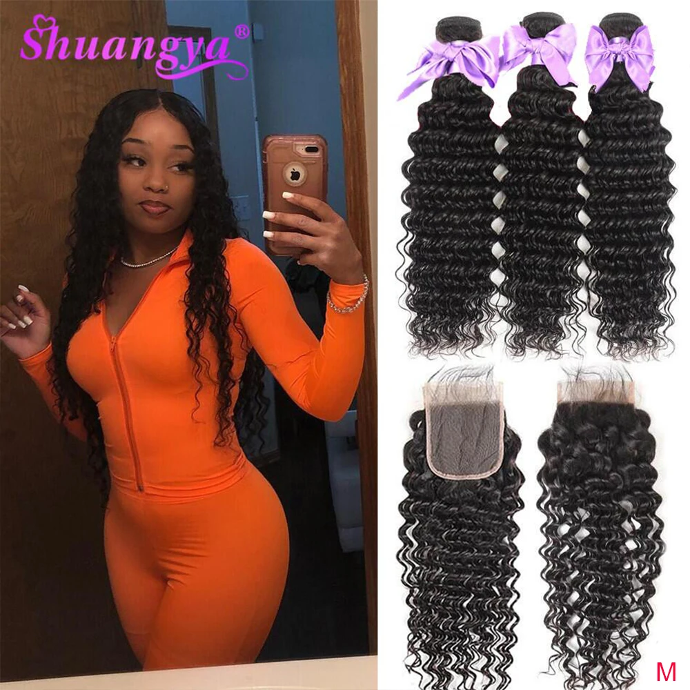 

Peruvian Deep Wave Bundles With Closure 100% Human Hair Bundles With Closure Remy Transparent Lace Closure With Bundles