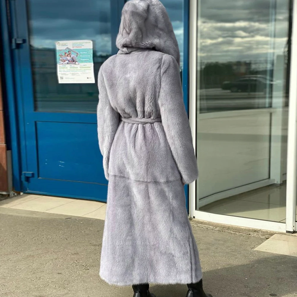 Light Grey Genuine Mink Fur Coat with Hood High Quality Winter Fashion New Full Pelt Real Mink Fur Coats Woman Luxury Outwear