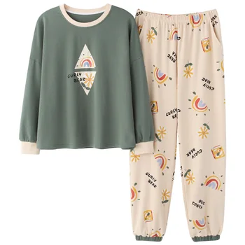 

Pajamas Ladies Spring And Autumn Pure Cotton Korean Version Of Long-Sleeved Cartoon Warmth Can Be Worn Outside Home Service suit
