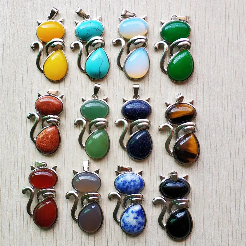 

2019 new Fashion High Quality Assort natural stone mix cat shape pendants for jewelry making 12pcs/lot Wholesale free shipping