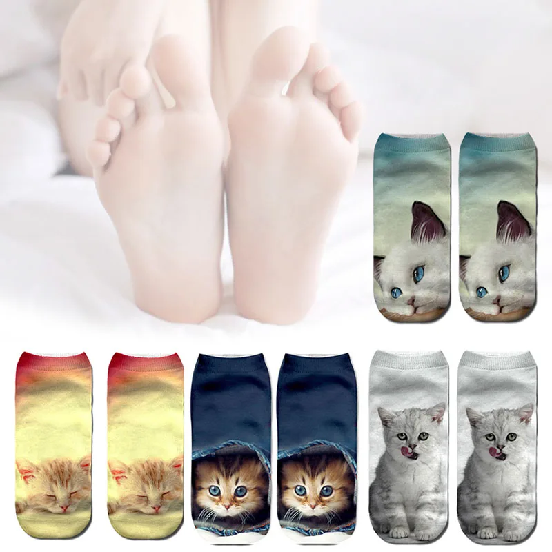 

1 Pair 3D Printed Animal Women Lovely Socks Cute Cat Girls Low Cut Ankle Socks QL Sale
