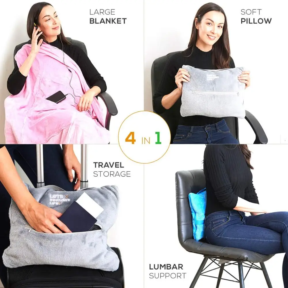 

Fashionable Carry Bag 4 in 1 Travel Blanket Lightweight Warm and Portable The Latest Small Compact Airplane Blankets Pillow Set
