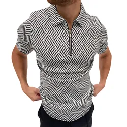 Camisa dos homens do verão nova moda personalidade impresso casual zíper turn down colarinho blusa espinha de peixe imprimir polos camisa