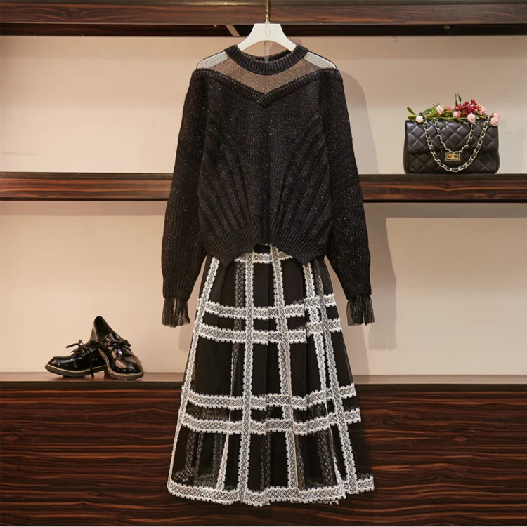 

2019 New Mesh Spliced Sweaters and Skirts Two Piece Set Women Plus Size Autumn Winter Plaid Mesh Skirt Women 2 Piece Set
