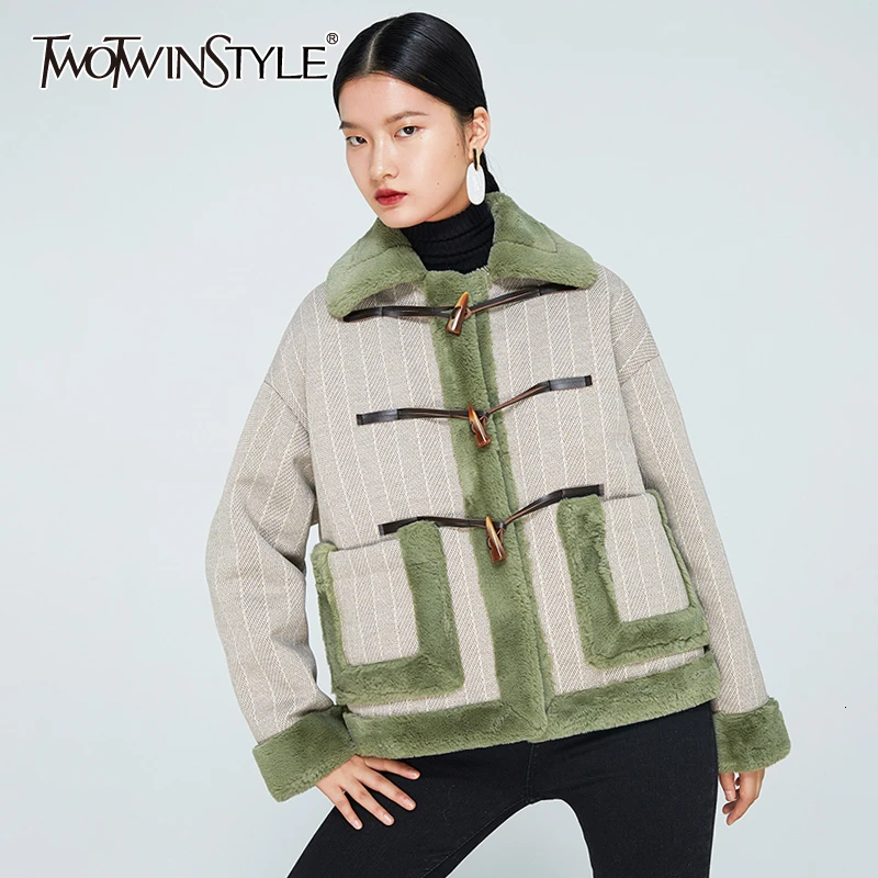 TWOTWINSTYLE винтажное шерстяное Женское пальто в полоску с лоскутами воротник