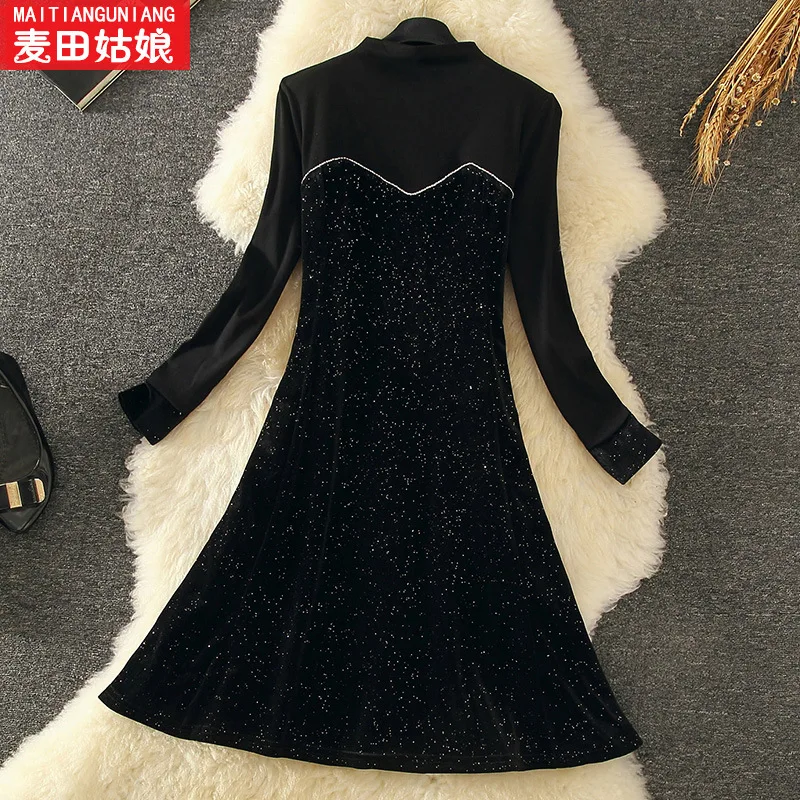 

Dress Women's Spring 2020 New Style French Retro Mid-length Knitted Velvet Scheming Black Dress Hepburn Long Skirts