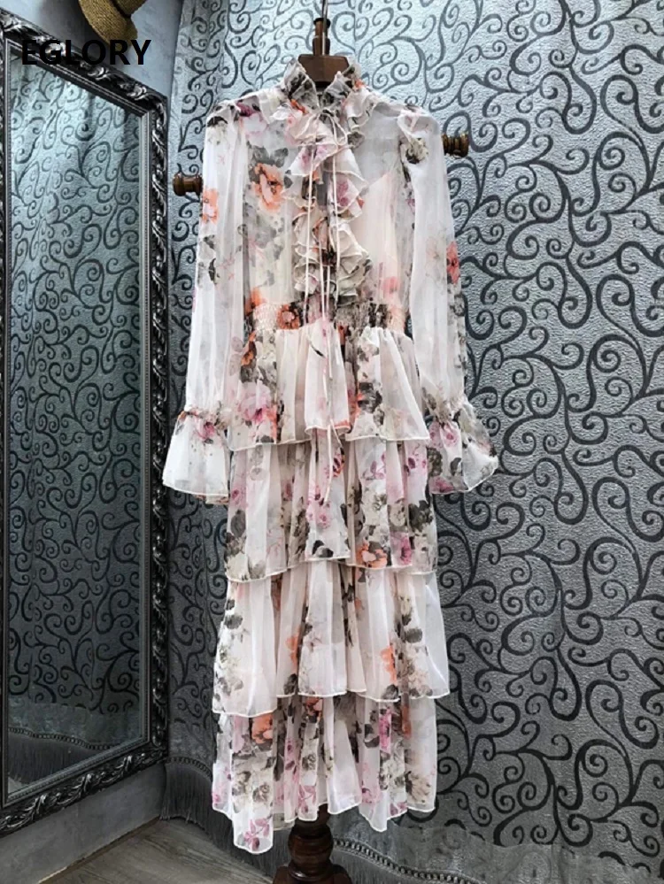 

Latest Fashion Spring Dress 2021 Women Elegant Floral Print Cascading Ruffle Deco Long Sleeve Casual Runway Style Dress Club