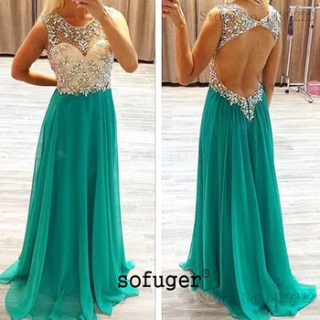 

Green Chiffon Evening Prom Dresses Beads Appliques Backless Sexy Special Occasion Formal Party Graduate Vestidos De Gala Fiesta