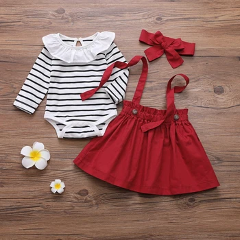 

Baby's Set Three Piece newborn Girls Cotton Ruffled Collar Striped Long Sleeved Bodysuit Solid Color Suspender Skirt Hair Band