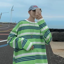 Зимняя новая Корейская версия тренда цветной полосы Мужская свободная стеганая с круглым вырезом с длинными рукавами Повседневная футболка