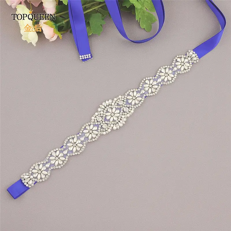 royal blue TOPQUEEN S161 жемчуг свадебный пояс Лента Свадебная со стразами Серебристые Стразы Атлас алмаз свадебный пояс для свадебного платья Пояс - Цвет: royal blue