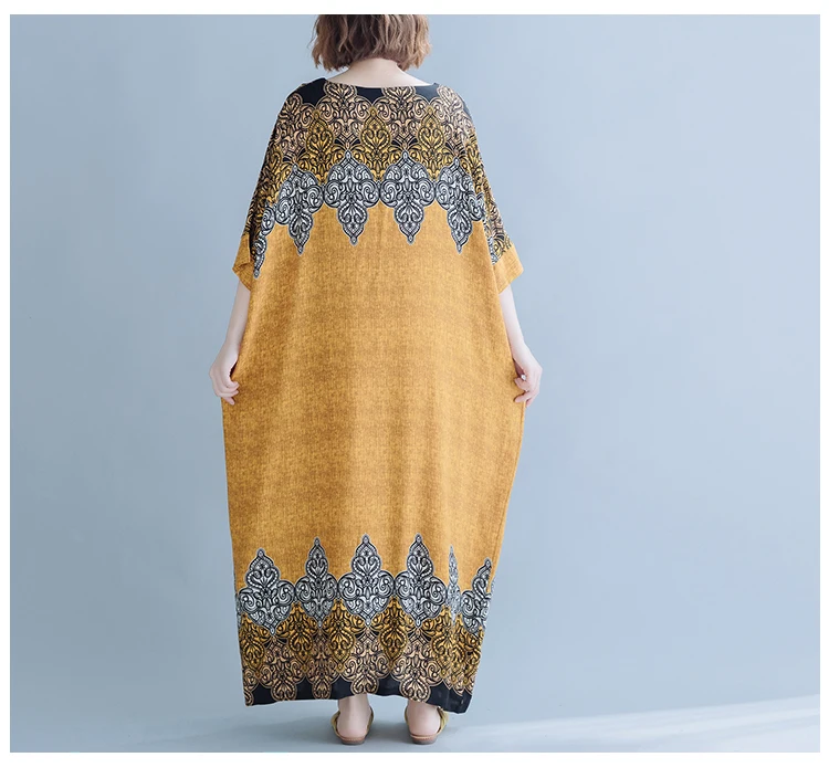 Plus Size Boho Dresses For Women Autumn Fashion Loose Art Ethnic Print Maxi Dress Robe Femme Batwing Dress 4XL 5XL 6XL 7XL 8XL