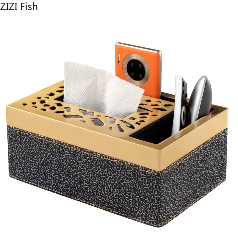 Metal leather tissue box Paper box Desktop storage organization ornaments Black print Embossed golden hollow Home Decoration 6