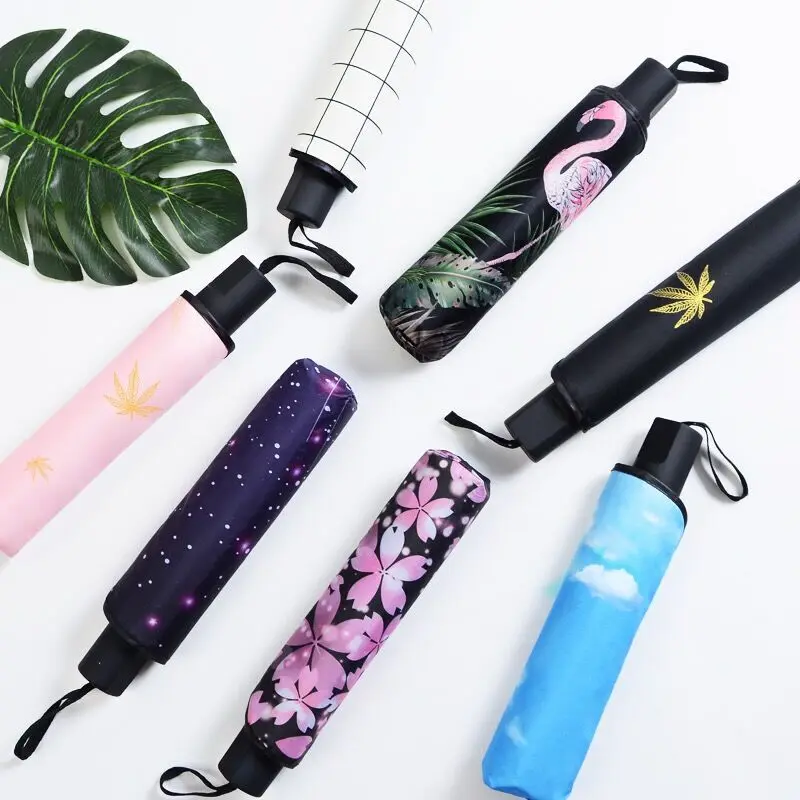 Umbrella Three Folding Women's Rain Or Shine Dual Purpose Parasol UV-Protection Hipster Simple Black | Дом и сад