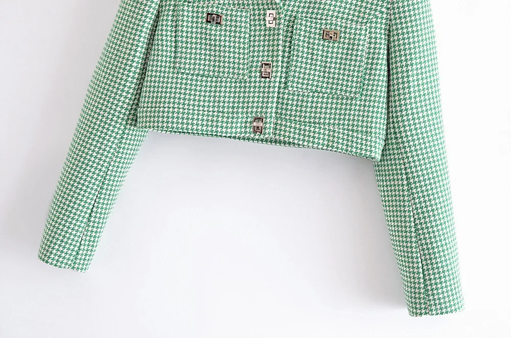 Retro French Style Green Check Plaid Weavon Cropped Blazer Women Notched Metal Buckle Buttons High Waist Suit Short Coat Outwear