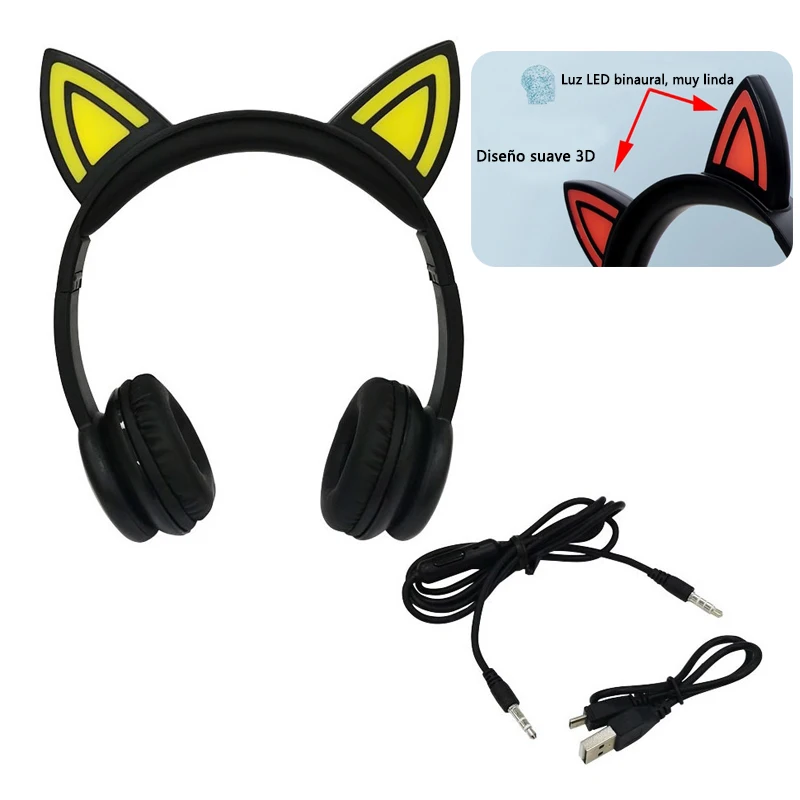 Wired and LED video game headphones 3 5mm cable cat ear helmets for Bass music MP3 for adults and children