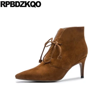 

genuine leather fall front lace up casual ankle boots autumn sheepskin high heel shoes women suede booties stiletto pointed toe