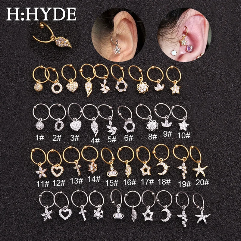 H: HYDE 1 шт. Золотое сердце шестиугольник Кристалл Tragus Daith серьги спиральный для хряща обруч перегородка ноздри пирсинг ювелирные изделия