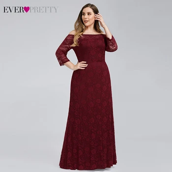 

Plus Size Burgundy Mother Of The Bride Dresses Ever Pretty EP00814BD A-Line Off Shoulder 3/4 Sleeve Elegant Lace Mother Dresses