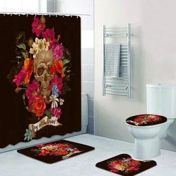 

Black Skull and Flowers Day of The Dead Shower Curtain Mat Set Waterproof Bathroom Curtain Toilet Mat Bath Rugs Carpet Halloween