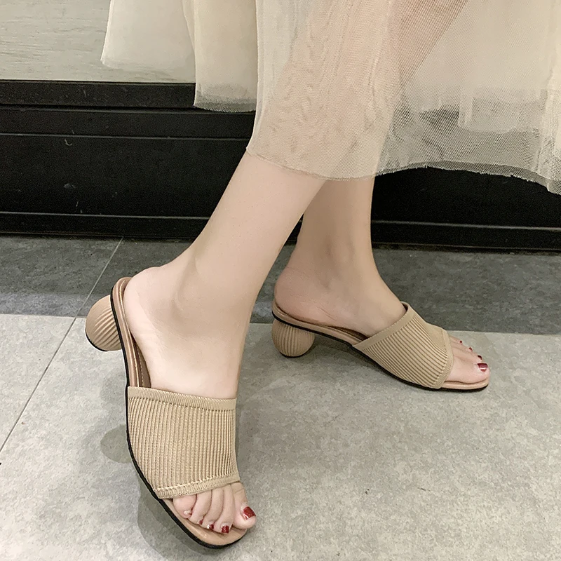 

Stretch Knit Slippers Women Summer Shoes Casual Open Toe Sandals Women Round Ball Heel Indoor Outside Slides 2020 New