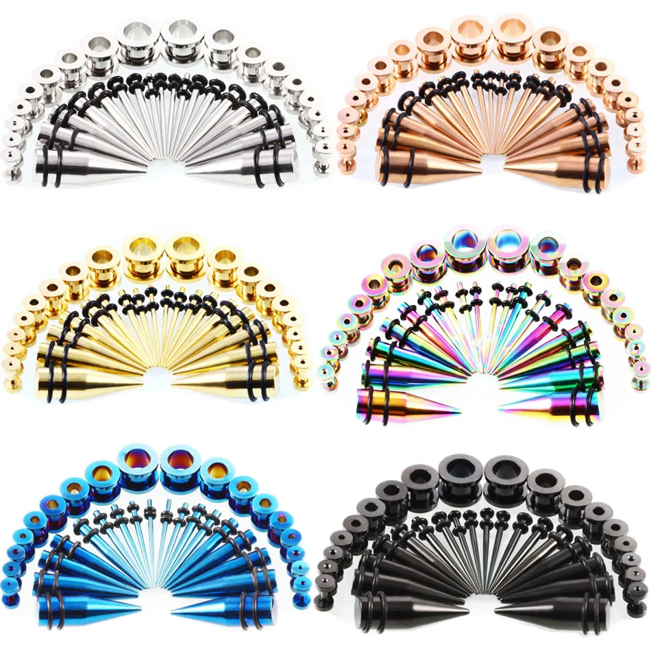 36 pcs orelha alongamento kit de aço inoxidável 14g-00g orelha strecher conjunto calibre plug ear tunnel conjunto de aço plugue atarraxamento kit piercing lote