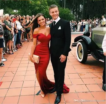 

Sexy Off Shoulders Satin Mermaid Prom Dresses Custom Made Split Evening Dresses