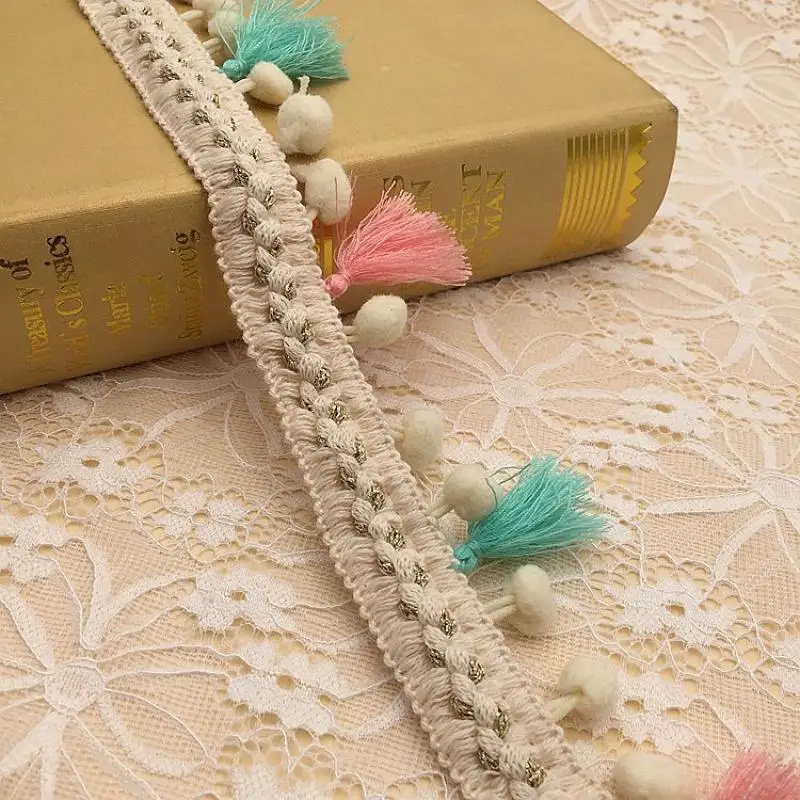 1yards Ethnic Style Embroidered Jacquard Tassel Hairball Lace Ribbon diy Home Textiles Clothes Hat Decoration Accessories ribbon decoration ribbon supplies