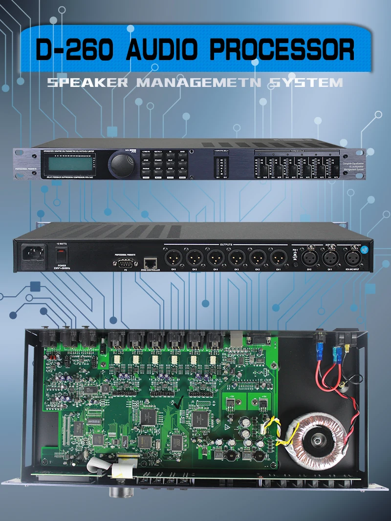 Профессиональный аудио процессор громкоговоритель система управления 2 в 6 из цифровой процессор DSP260 ic и логотип