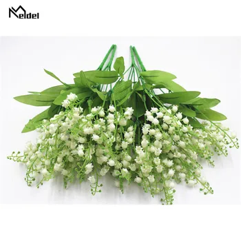 

Meldel Mini Flower Bouquet Wedding 7 Forks Lily of the Valley Artificial Flower Fake Lily Valley White Home Party Wedding Decor