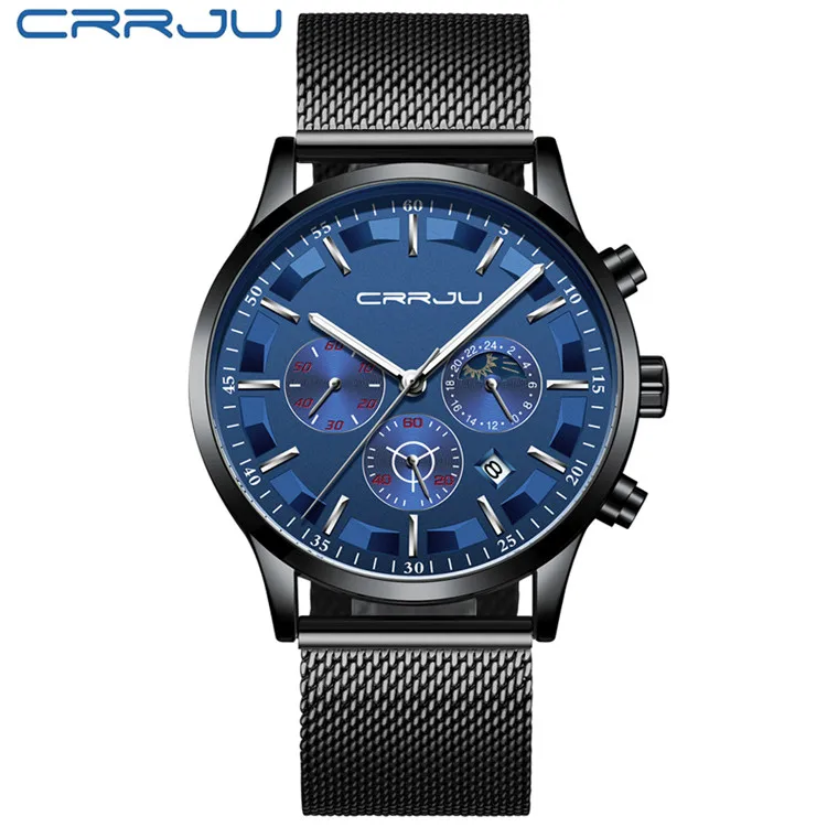 CRRJU Mens Watches Top Brand Luxury Fashion Business Quartz Watch Men Sport Full Steel Waterproof Black Clock Relogio Masculino 