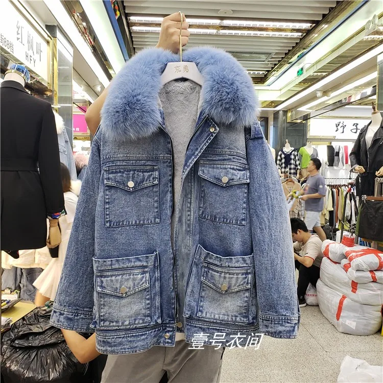 

Natural Fox Fur Collar Denim Coat Winter Warm Cotton Coat Women 2019 Winter Padded Parkas Windproof Windbreaker Femme Overcoat