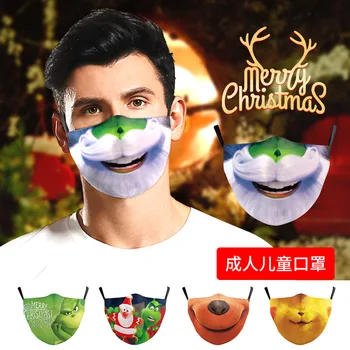 

1 PCS Adult Christmas Mask Face Mouth Cover Cartoon Printing Design Mask No Disposable Mask Anti-dust with 2 Free Filters