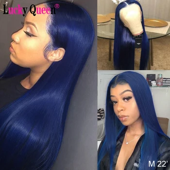 

Lucky Queen Wigs Transparent Lace Blue Colored Human Hair Wigs Brazilian Straight Lace Part Wig Pre-Plucked For Black Women
