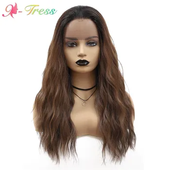 

X-TRESS Natural Wave Lace Front Synthetic Wigs For Black Women 22inch High Temperature Fiber Hair Dark Roots Ombre Brown